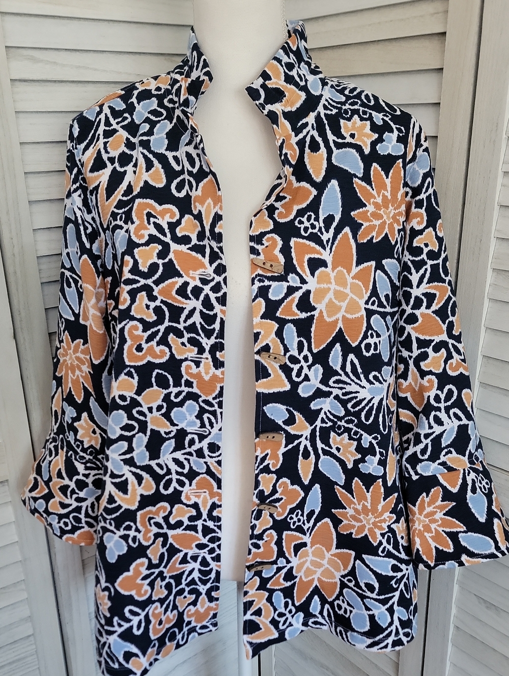 Multiples Floral Open Front Tunic Jacket Pockets Boho Navy Tan Medium